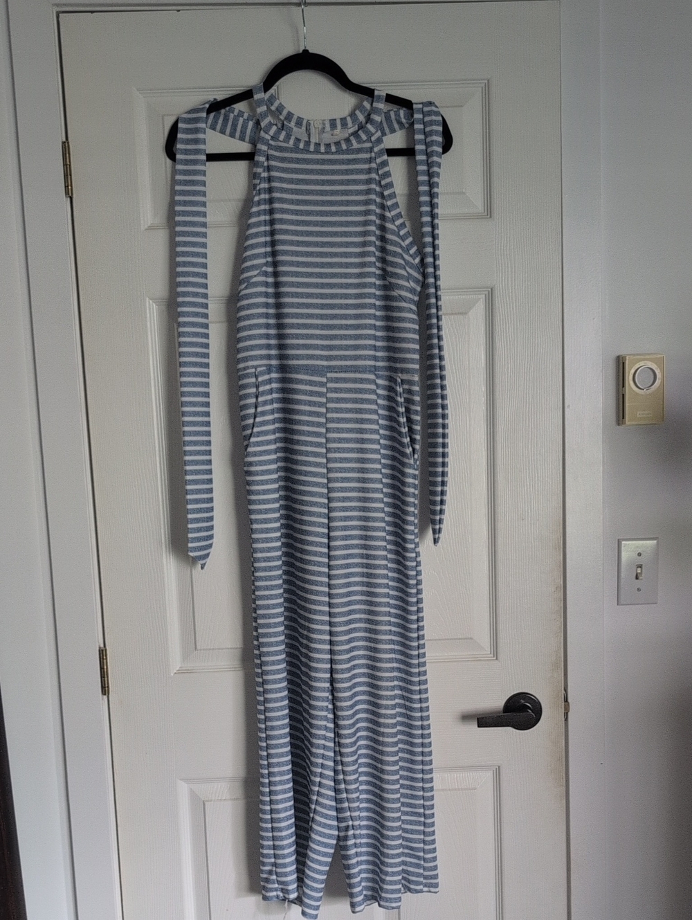 Striped Halterstyle Jumpsuit with Waist Tie - Blue & White